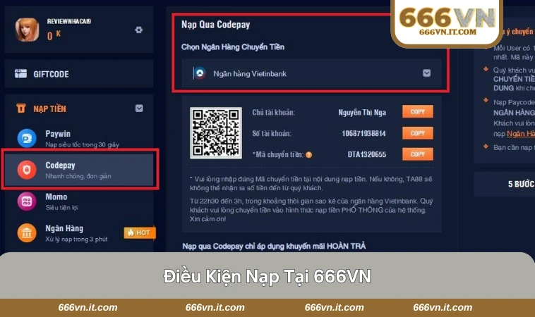 Nạp Tiền 666VN 1 Giao diện hướng dẫn điều kiện và yêu cầu nạp tiền tại 666VN